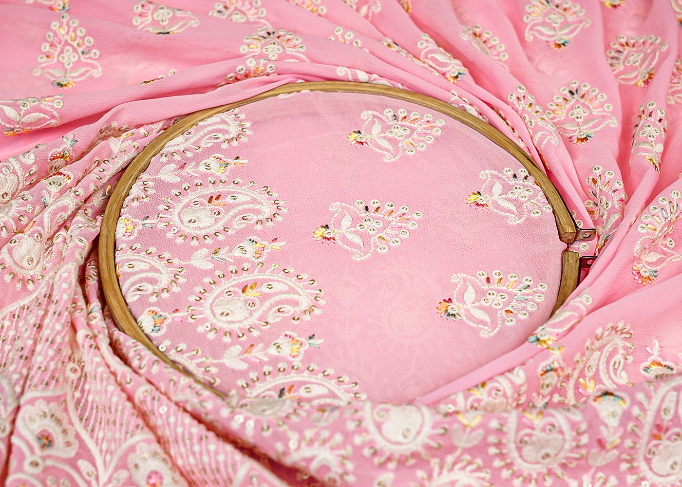 Baby Pink Georgette Fabric with Allover Sequins and Thread Work with Border 13155
