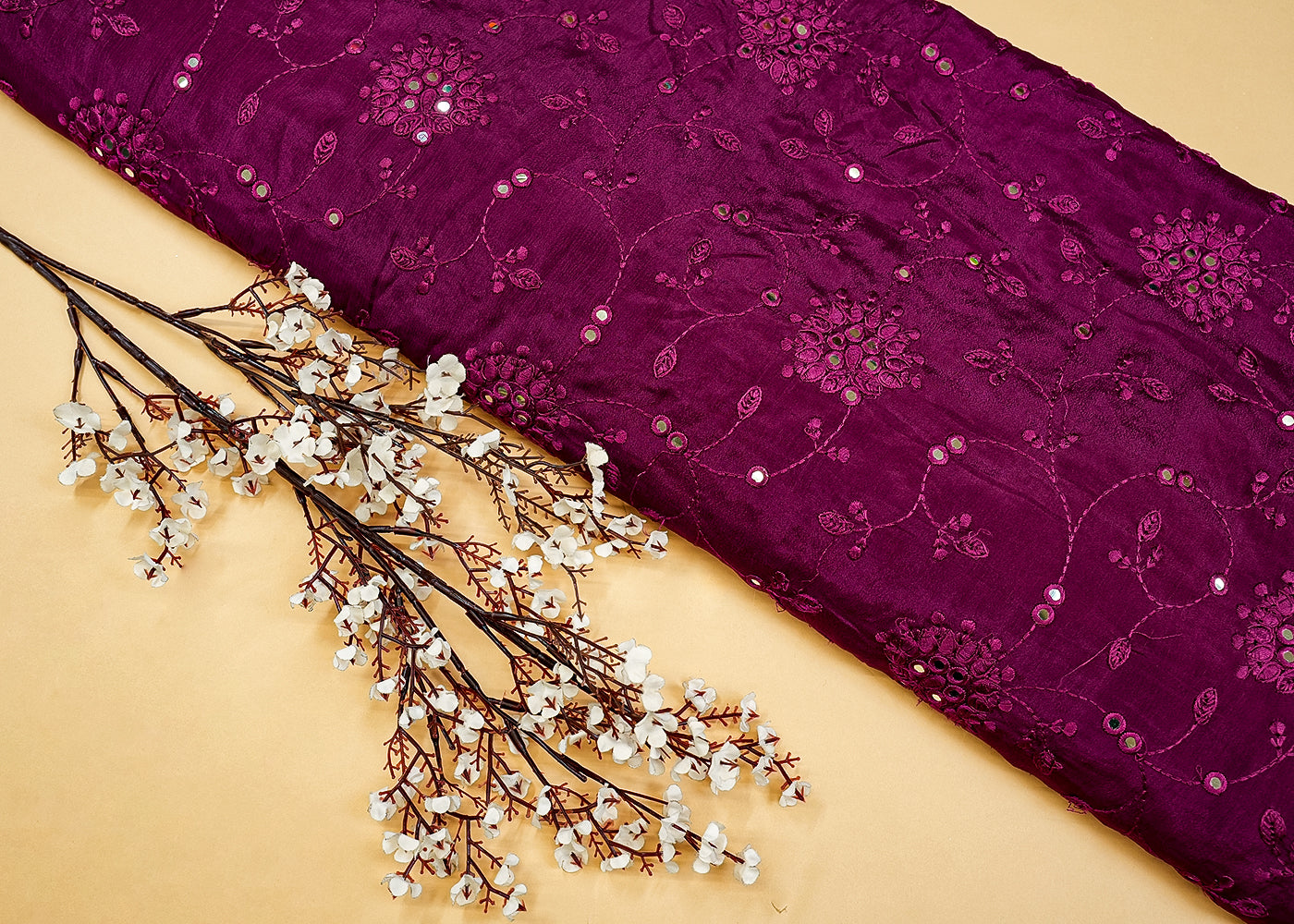 Wine Chinon Chiffon with Allover Thread and Faux Mirror Work 13160