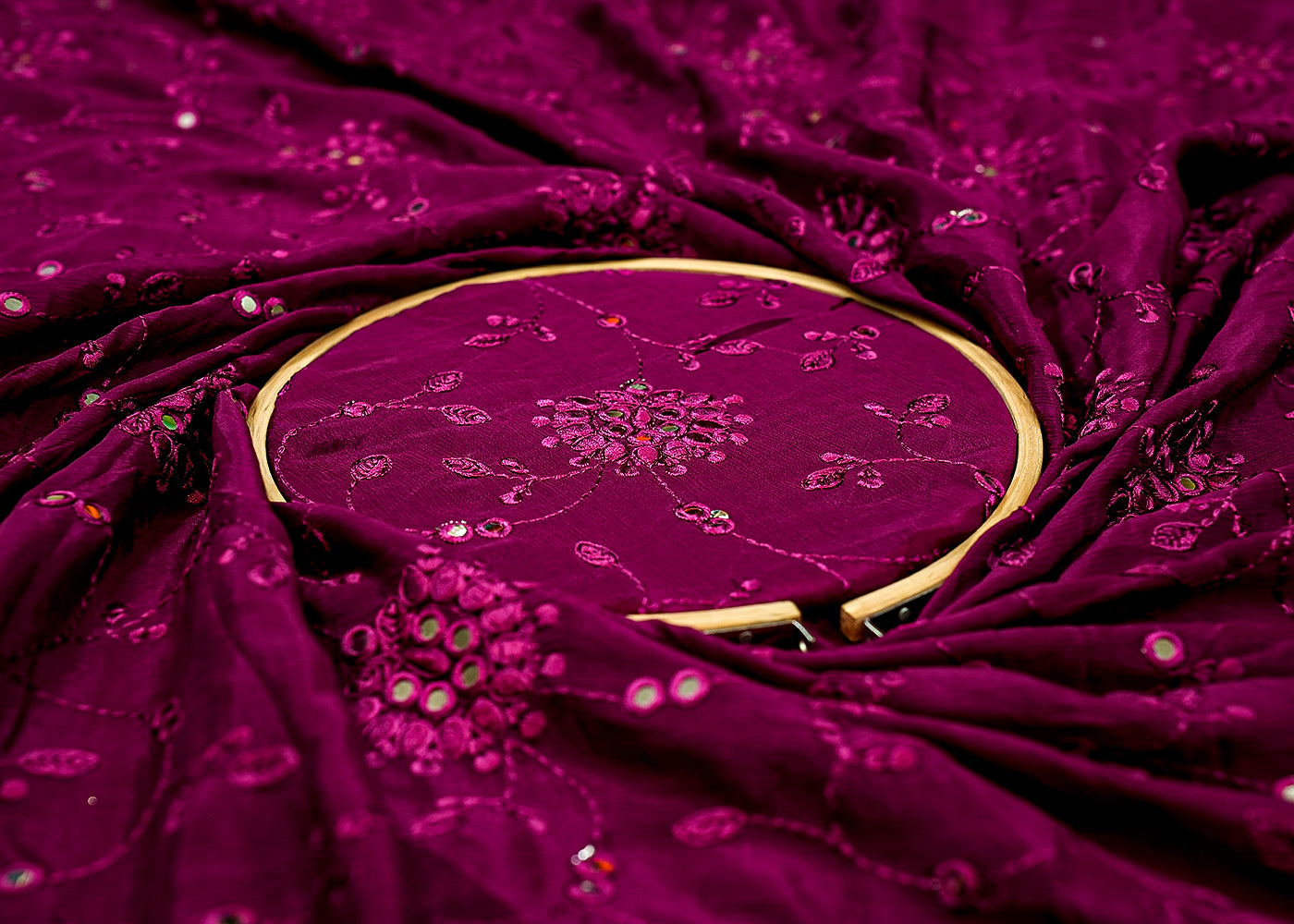 Wine Chinon Chiffon with Allover Thread and Faux Mirror Work 13160
