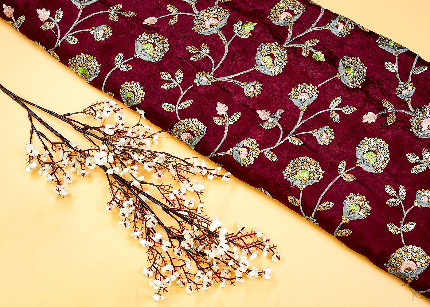 Wine Chinon Chiffon with Allover Thread and Faux Mirror Work 13161