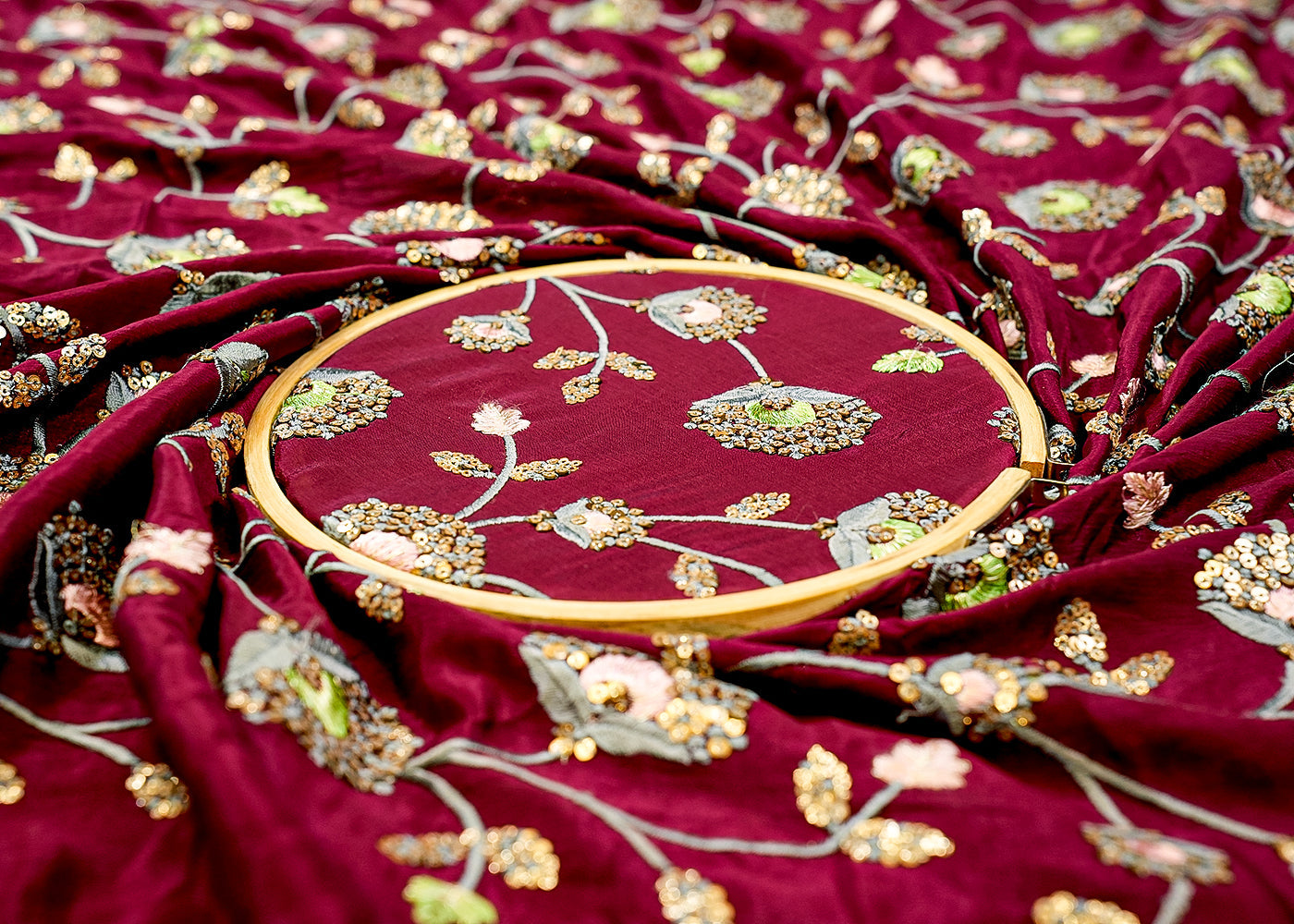 Wine Chinon Chiffon with Allover Thread and Faux Mirror Work 13161