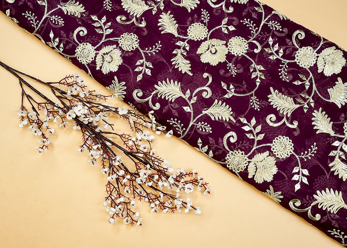Wine Georgette Fabric with Allover Thread, Gota Pati & Sequins Work 13162