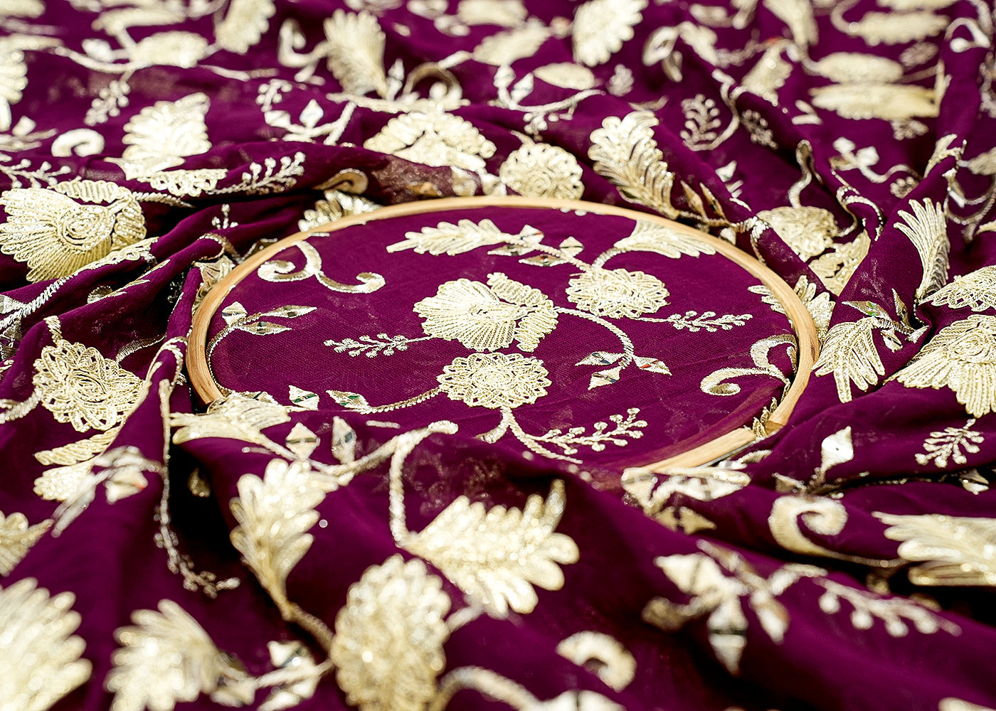 Wine Georgette Fabric with Allover Thread, Gota Pati & Sequins Work 13162