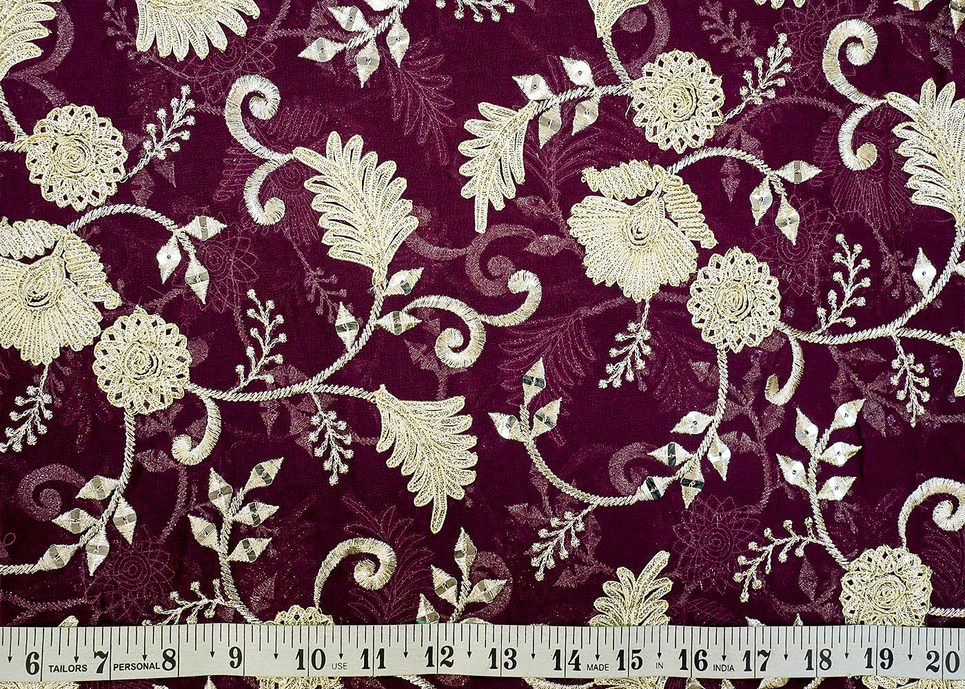 Wine Georgette Fabric with Allover Thread, Gota Pati & Sequins Work 13162