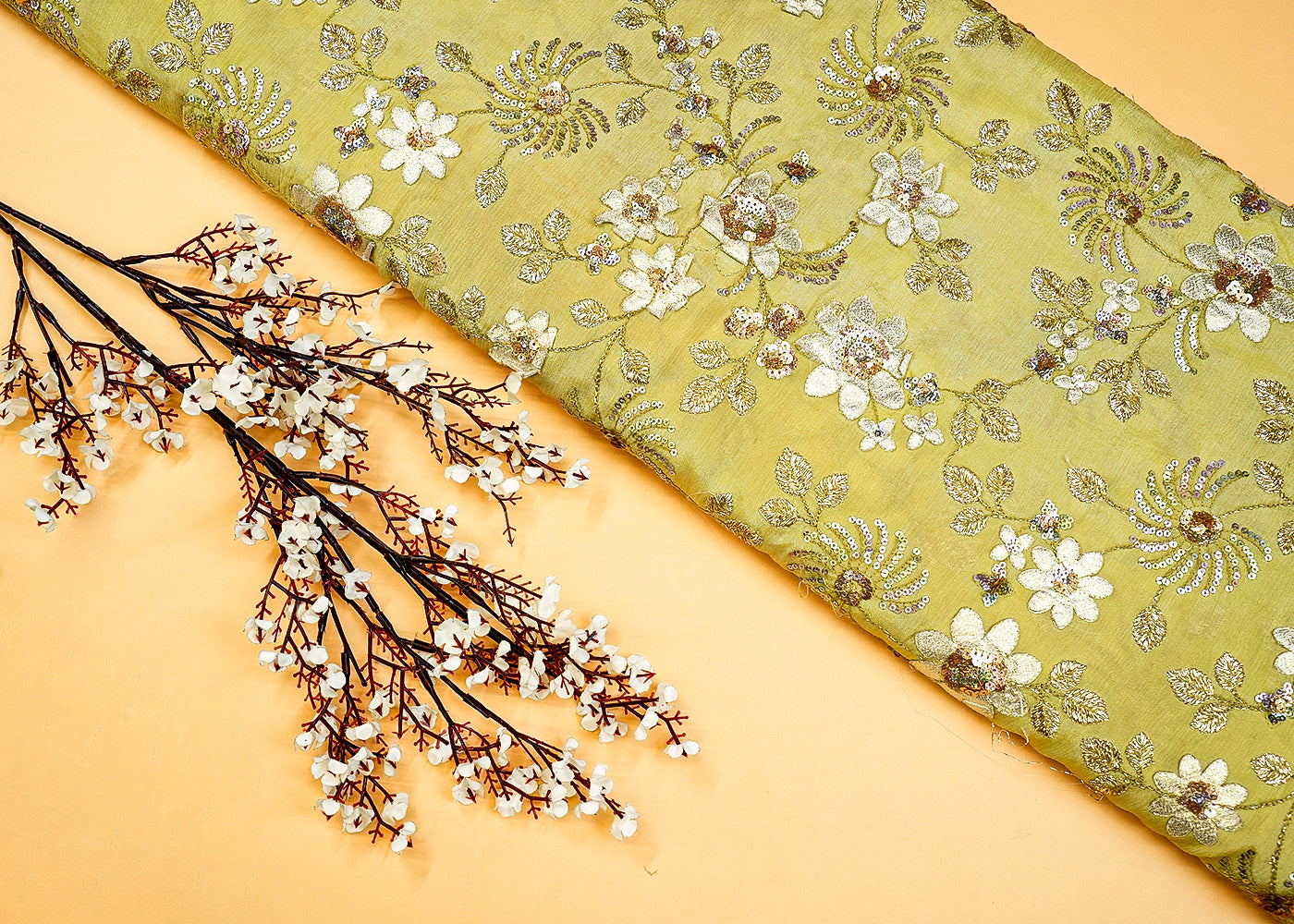 Pastel Green Chinon Chiffon with Allover Thread, Appliqué, and Sequins Work 13163