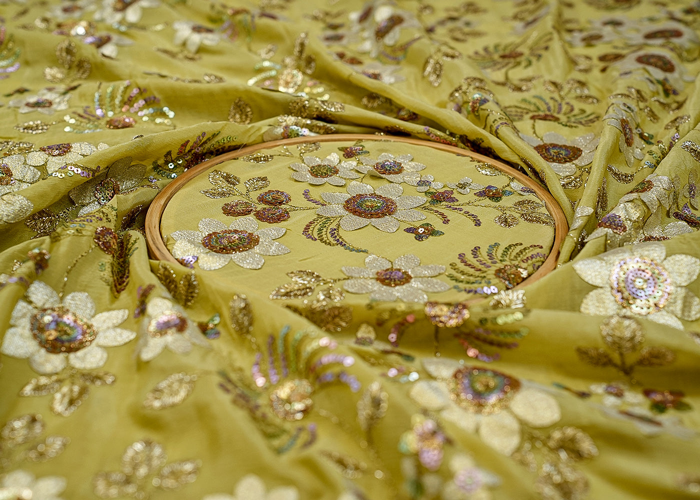 Pastel Green Chinon Chiffon with Allover Thread, Appliqué, and Sequins Work 13163