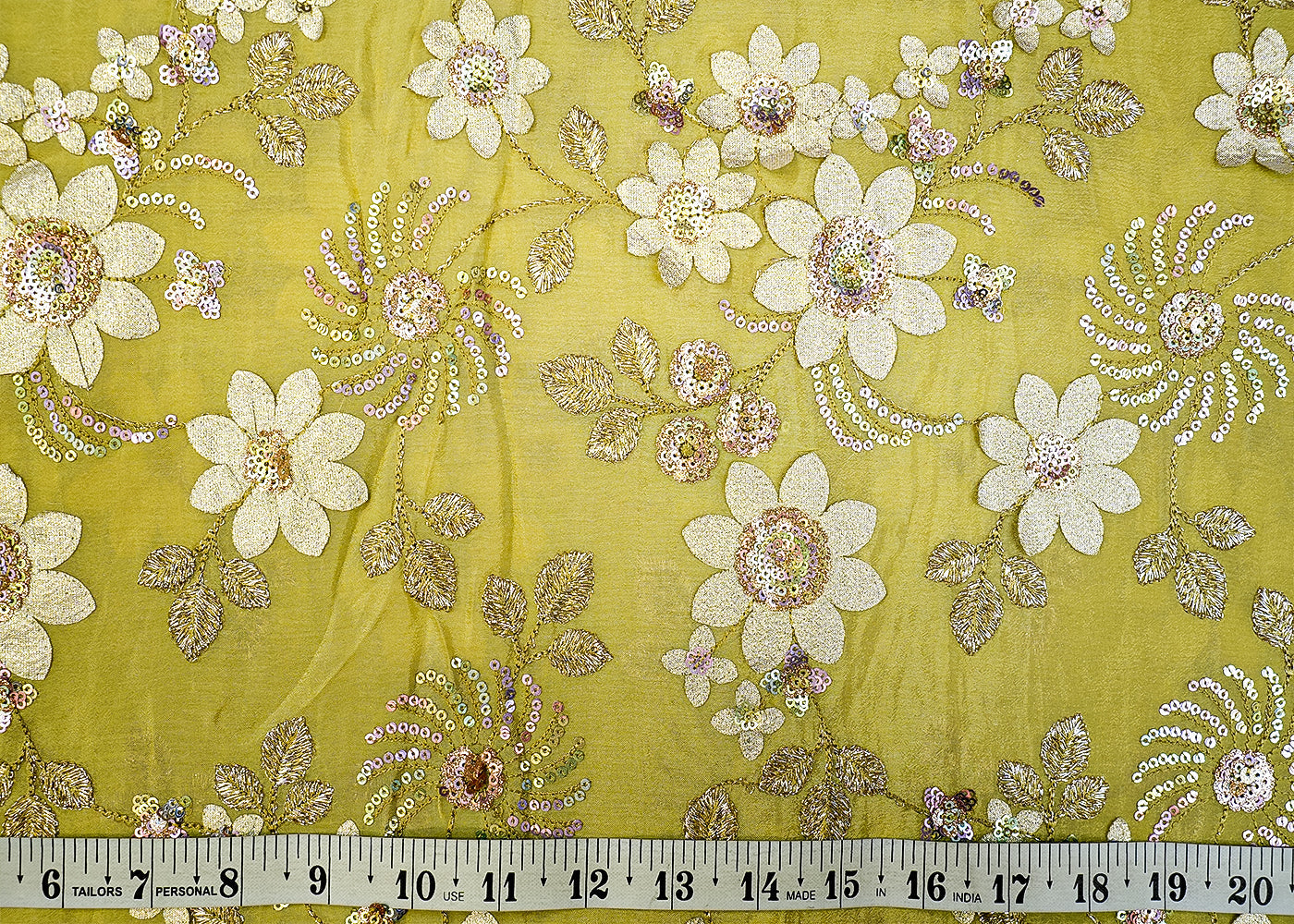 Pastel Green Chinon Chiffon with Allover Thread, Patch, and Sequins Work 13163