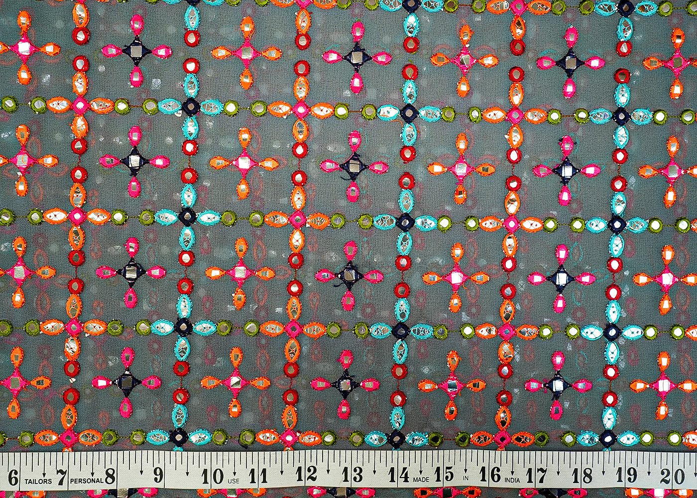 Grey Georgette Fabric with Allover Thread and Faux Mirror Work 13169