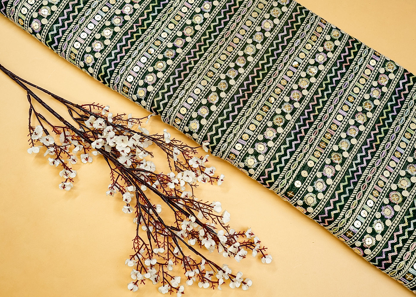 Bottle Green Georgette Fabric with Allover Thread and Sequins Work 13172