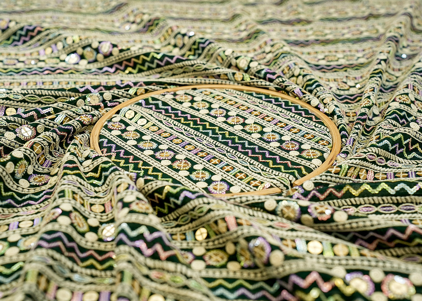 Bottle Green Georgette Fabric with Allover Thread and Sequins Work 13172