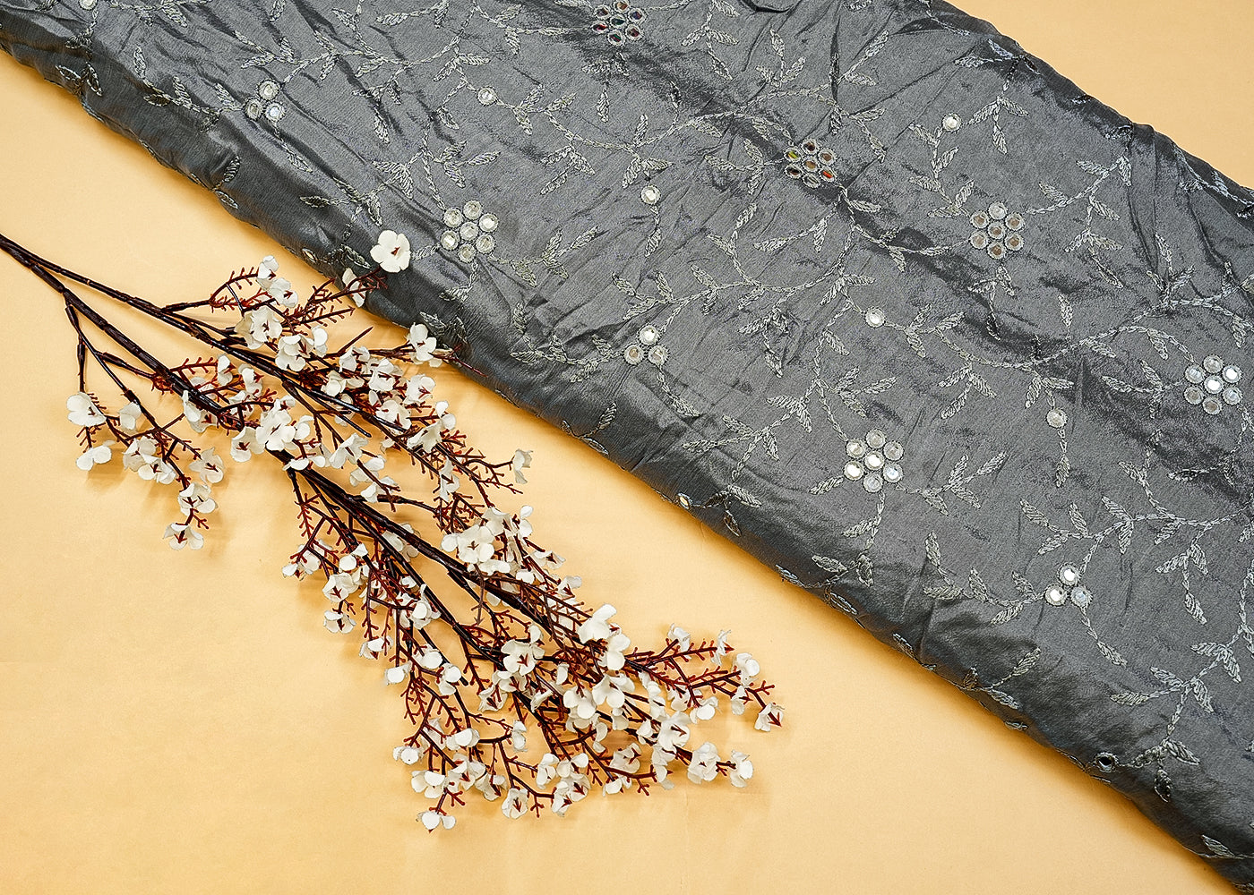Grey Chinon Chiffon with Allover Thread and Faux Mirror Work 13176