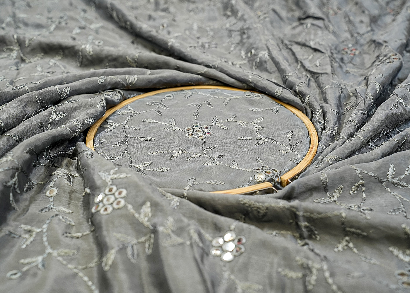 Grey Chinon Chiffon with Allover Thread and Faux Mirror Work 13176