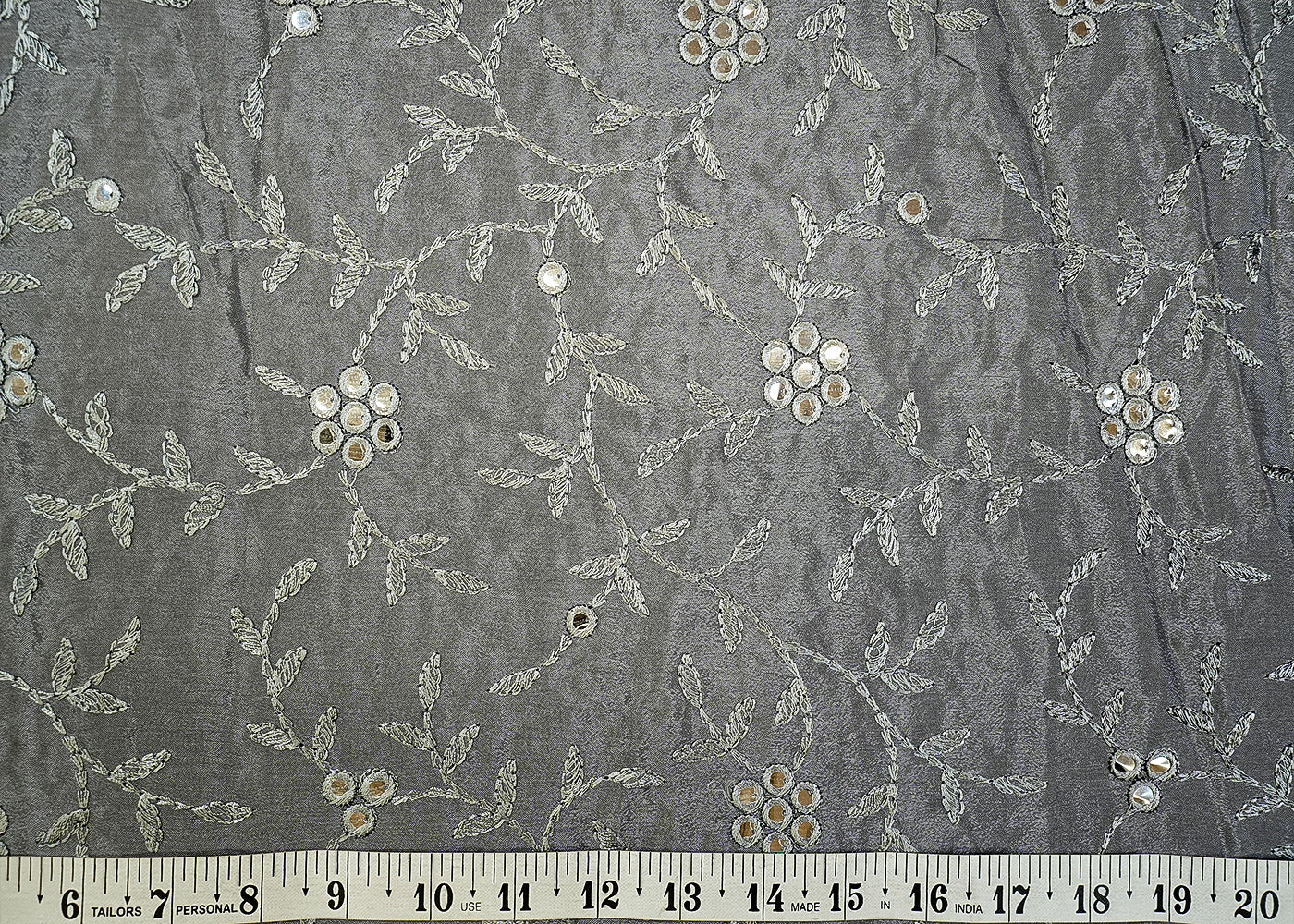 Grey Chinon Chiffon with Allover Thread and Faux Mirror Work 13176