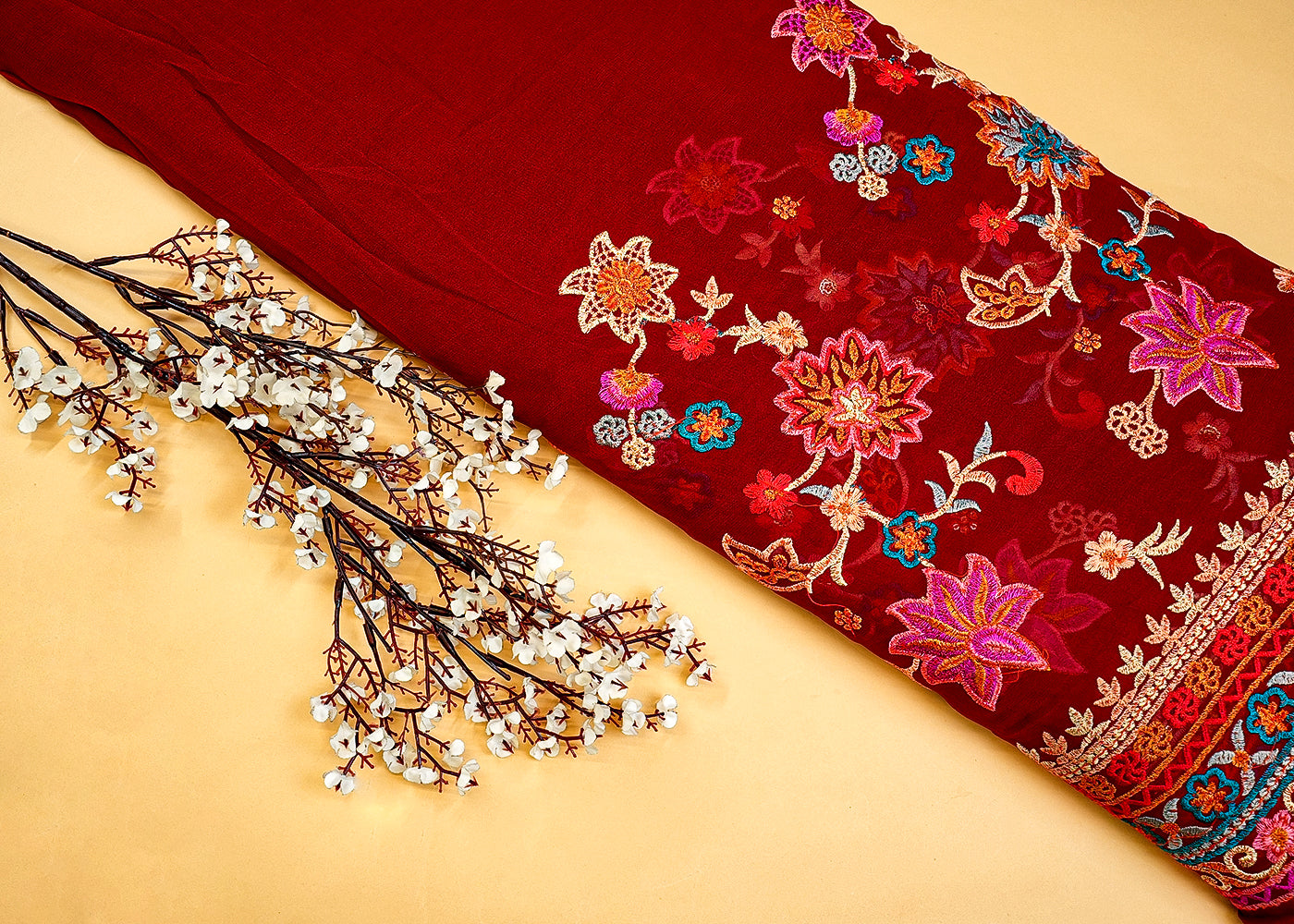 Maroon Georgette Fabric with Allover Thread and Sequins Work 13178