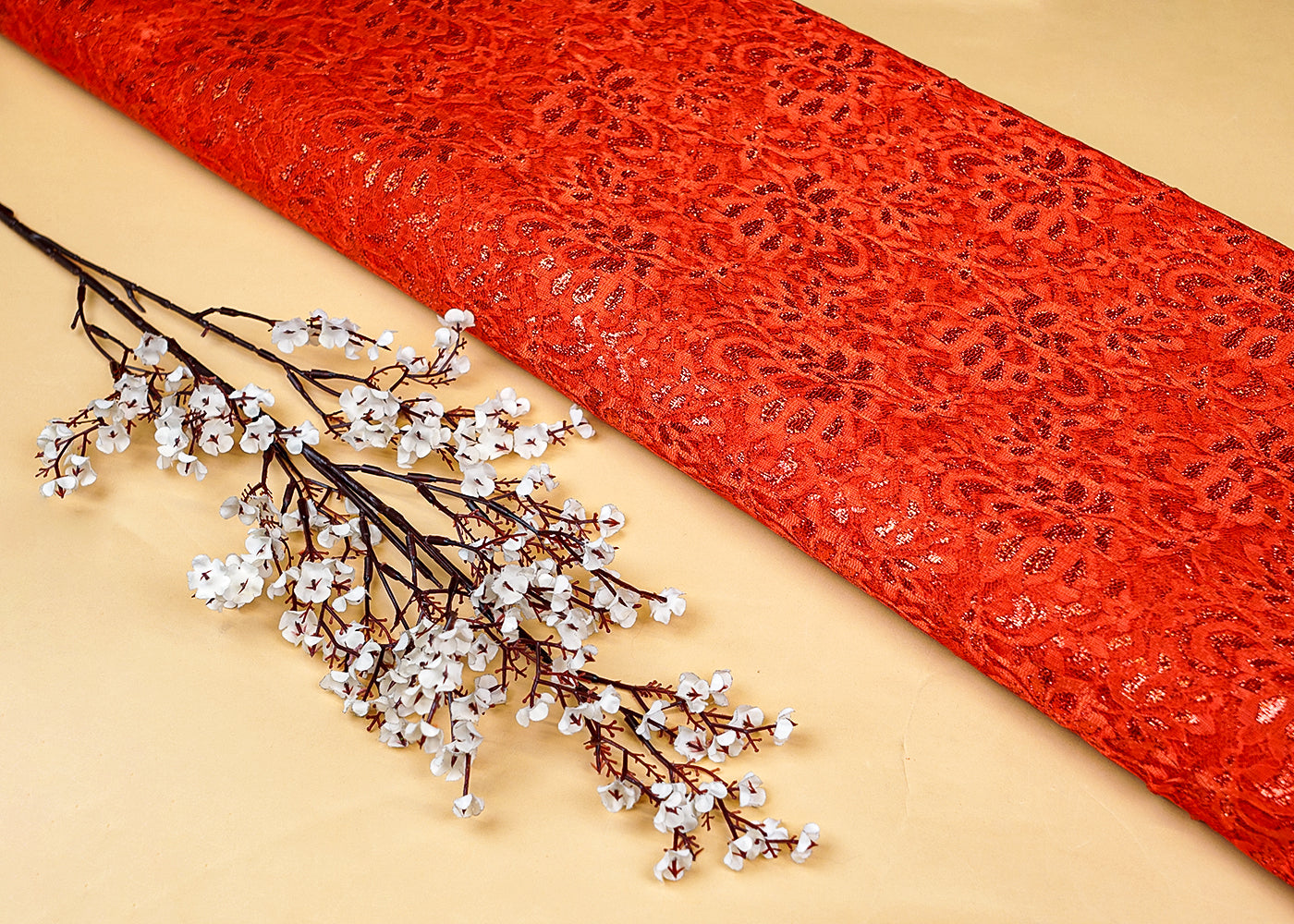 Orange Sandlin Lace Fabric with Allover Floral Pattern 13181