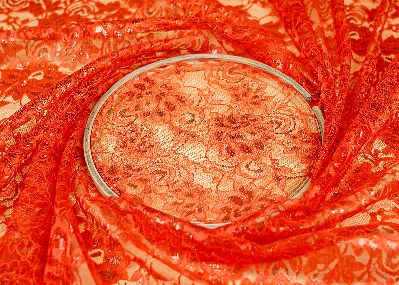 Orange Sandlin Lace Fabric with Allover Floral Pattern 13181