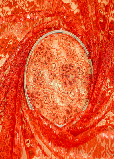 Orange Sandlin Lace Fabric with Allover Floral Pattern 13181