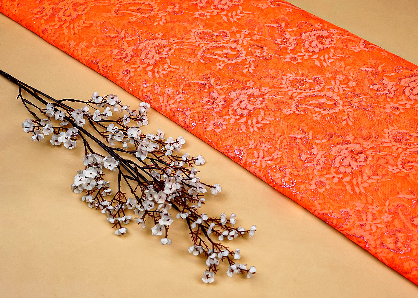 Orange Sandlin Lace Fabric with Allover Floral Pattern 13182