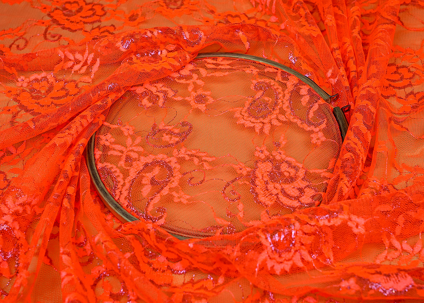 Orange Sandlin Lace Fabric with Allover Floral Pattern 13182