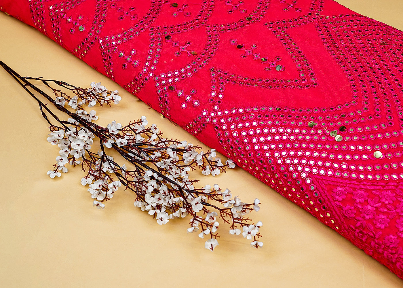 Pink Georgette Fabric with Allover Faux Mirror and Thread Work with Heavy Border 13183