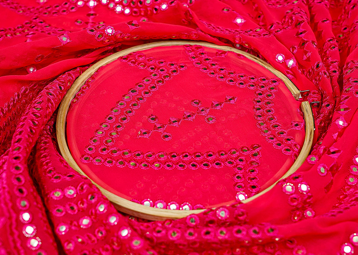 Pink Georgette Fabric with Allover Faux Mirror and Thread Work with Heavy Border 13183