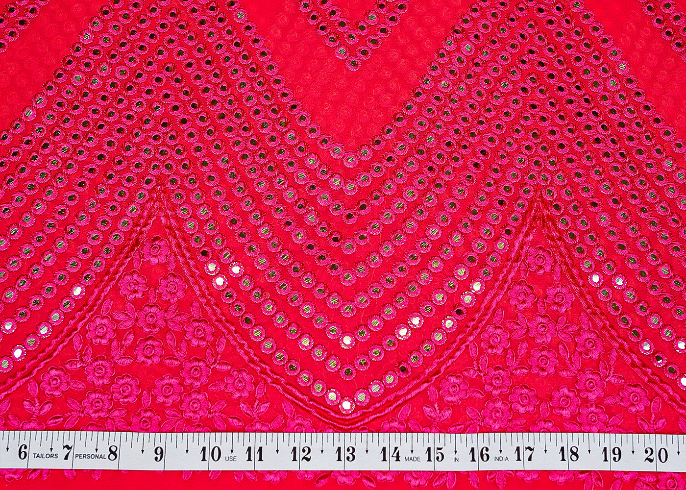 Pink Georgette Fabric with Allover Faux Mirror and Thread Work with Heavy Border 13183