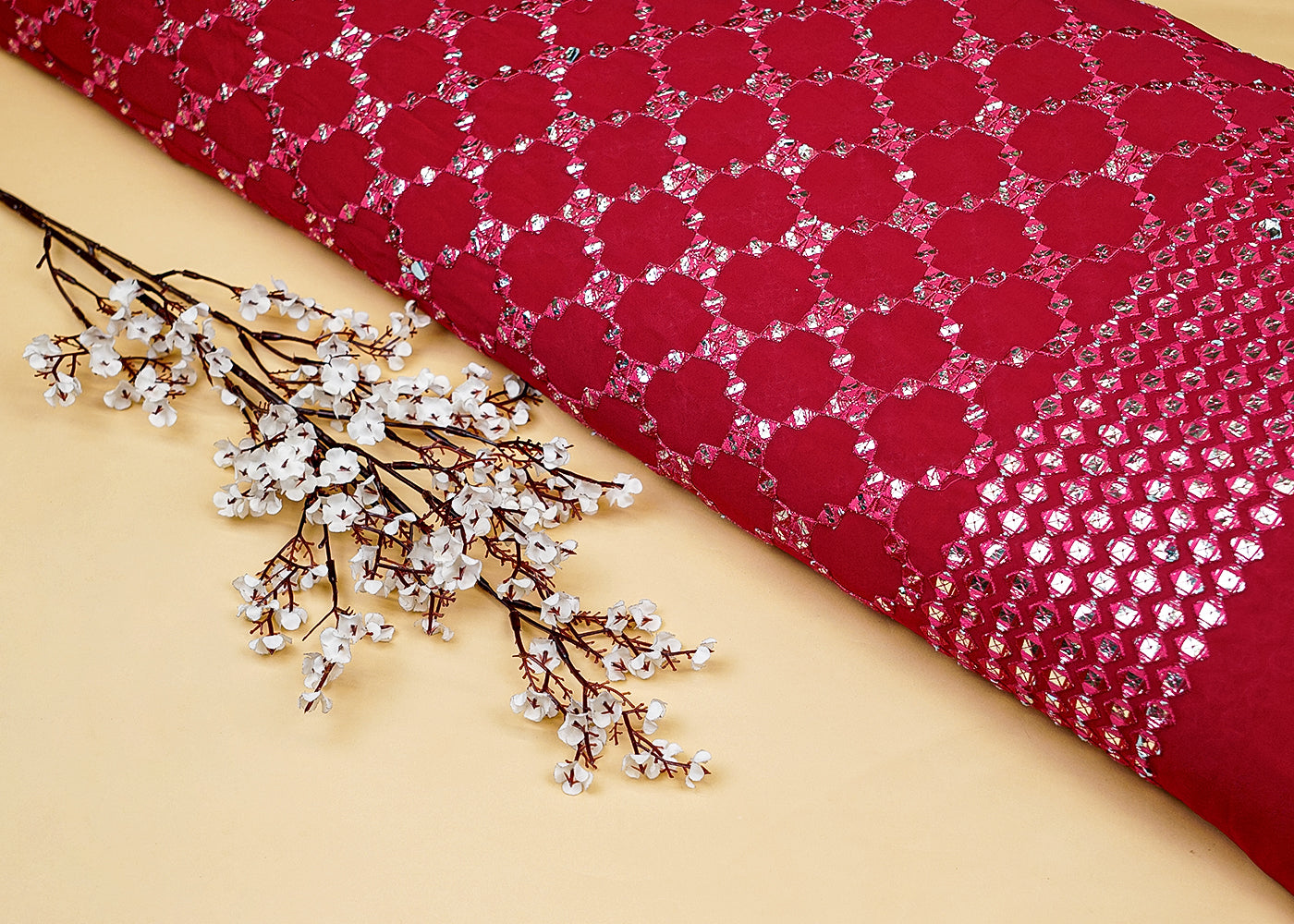 Maroon Georgette Fabric with Allover Faux Mirror and Thread Work with Border 13185