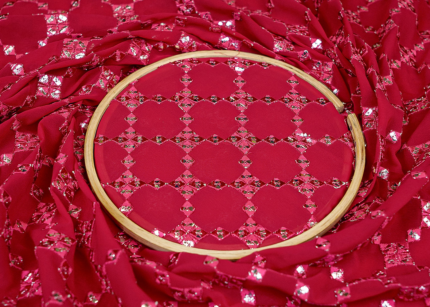 Maroon Georgette Fabric with Allover Faux Mirror and Thread Work with Border 13185