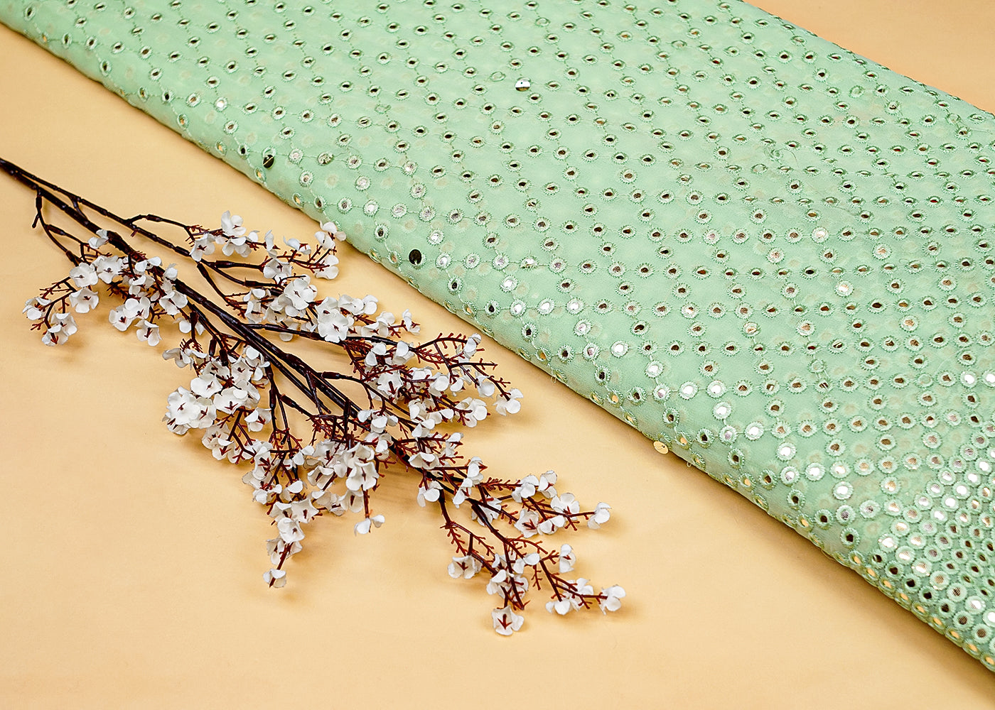 Sea Green Georgette Fabric with Allover Faux Mirror and Thread Work with Border 13186