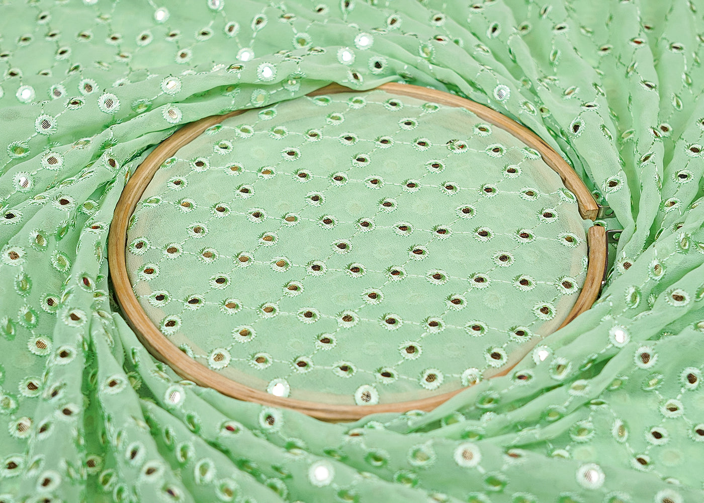 Sea Green Georgette Fabric with Allover Faux Mirror and Thread Work with Border 13186