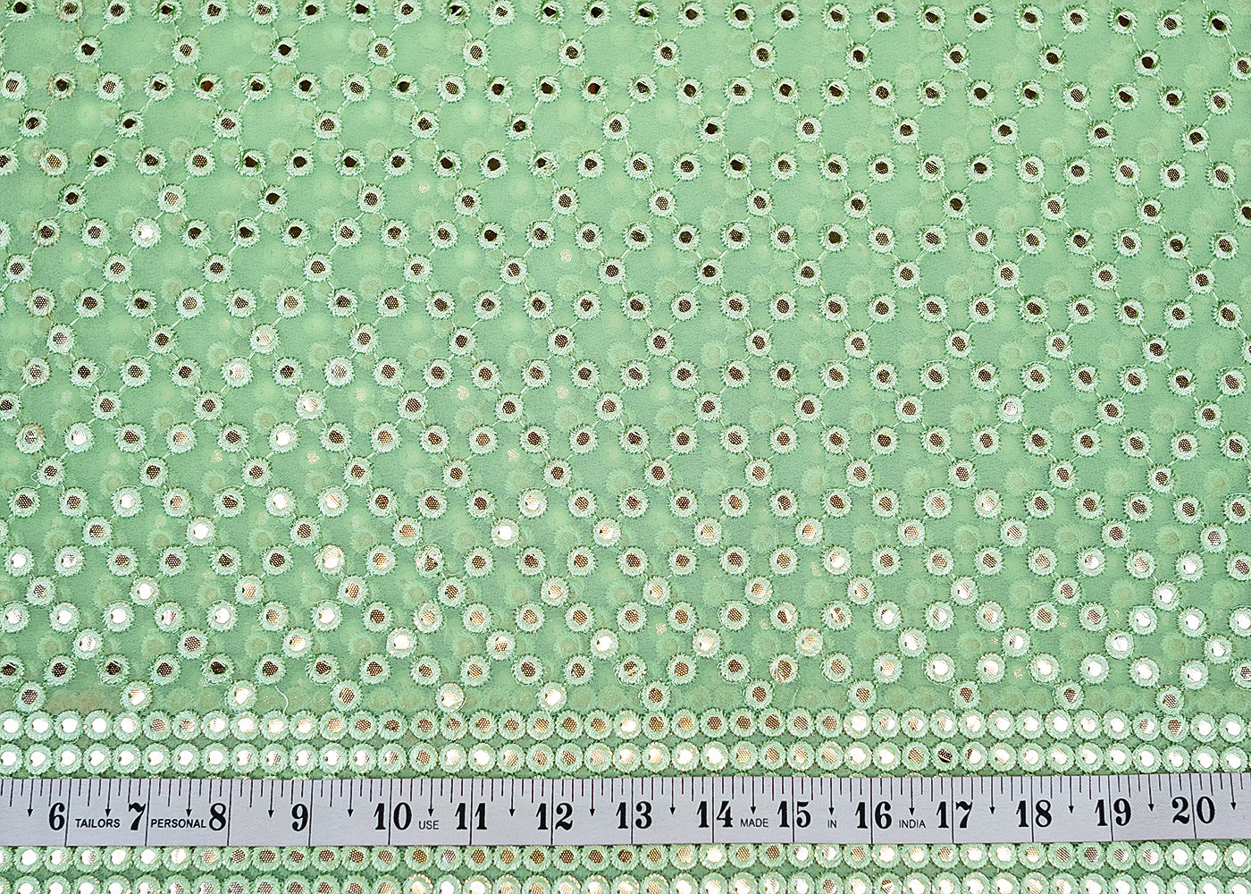 Sea Green Georgette Fabric with Allover Faux Mirror and Thread Work with Border 13186