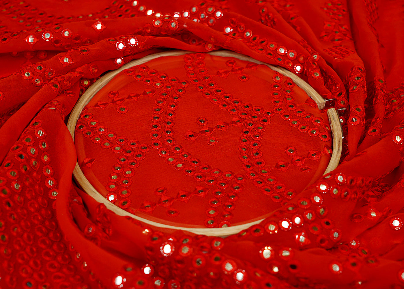 Red Georgette Fabric with Allover Faux Mirror and Thread Work with Border 13188