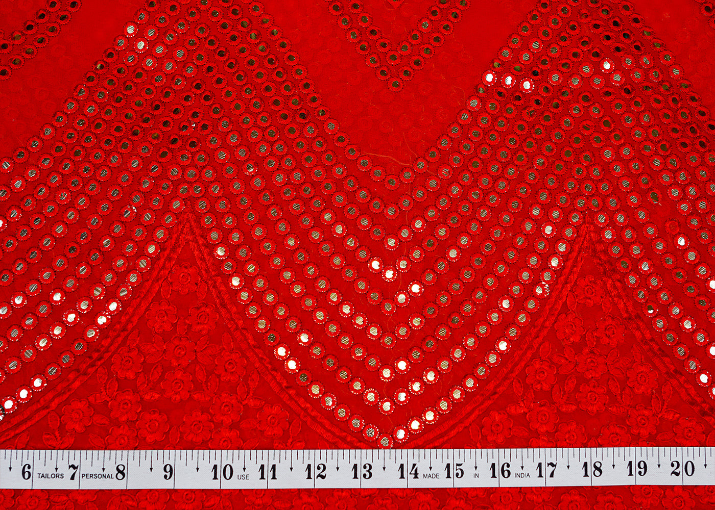 Red Georgette Fabric with Allover Faux Mirror and Thread Work with Border 13188