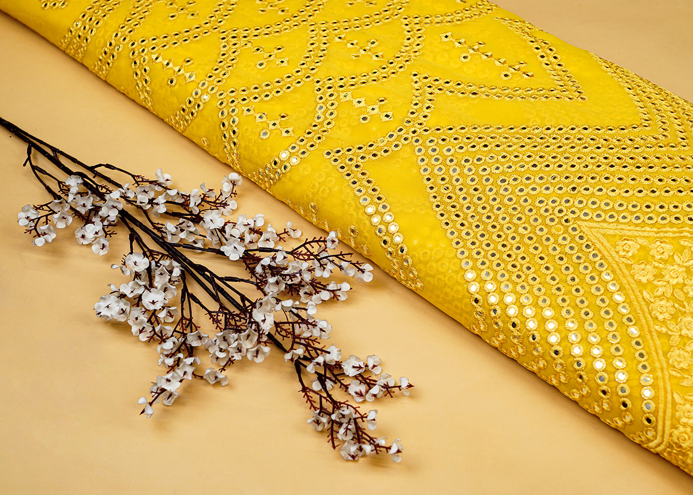 Yellow Georgette Fabric with Allover Faux Mirror and Thread Work with Border 13189