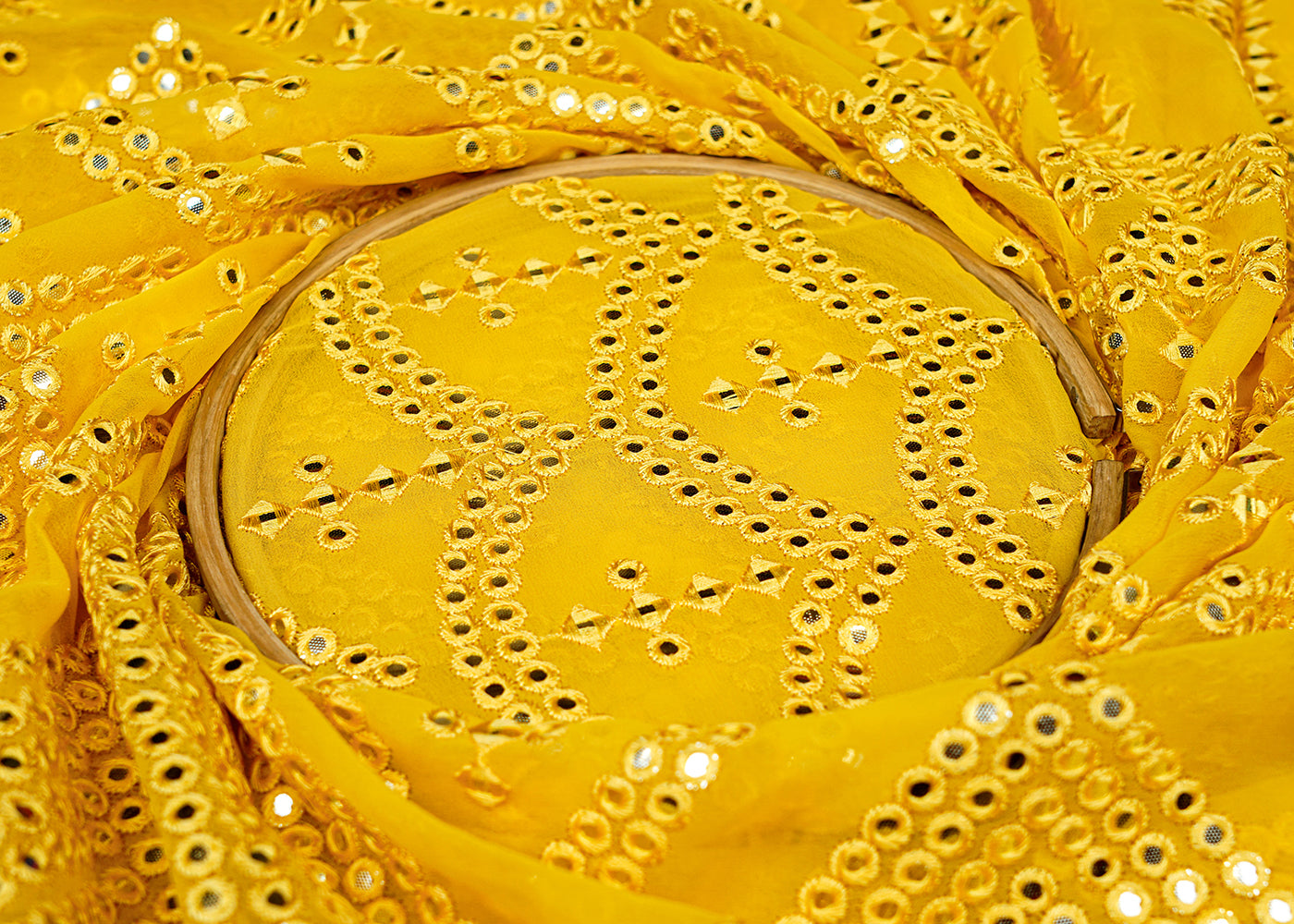 Yellow Georgette Fabric with Allover Faux Mirror and Thread Work with Border 13189