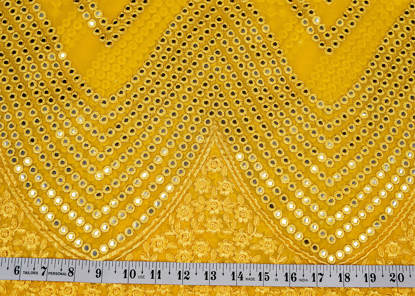 Yellow Georgette Fabric with Allover Faux Mirror and Thread Work with Border 13189