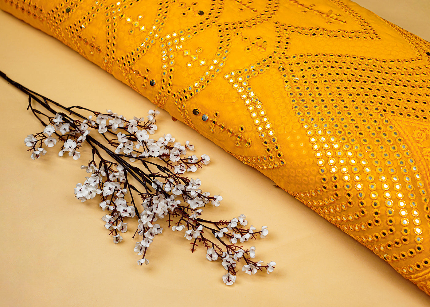 Mustard Georgette Fabric with Allover Faux Mirror and Thread Work with Border 13190