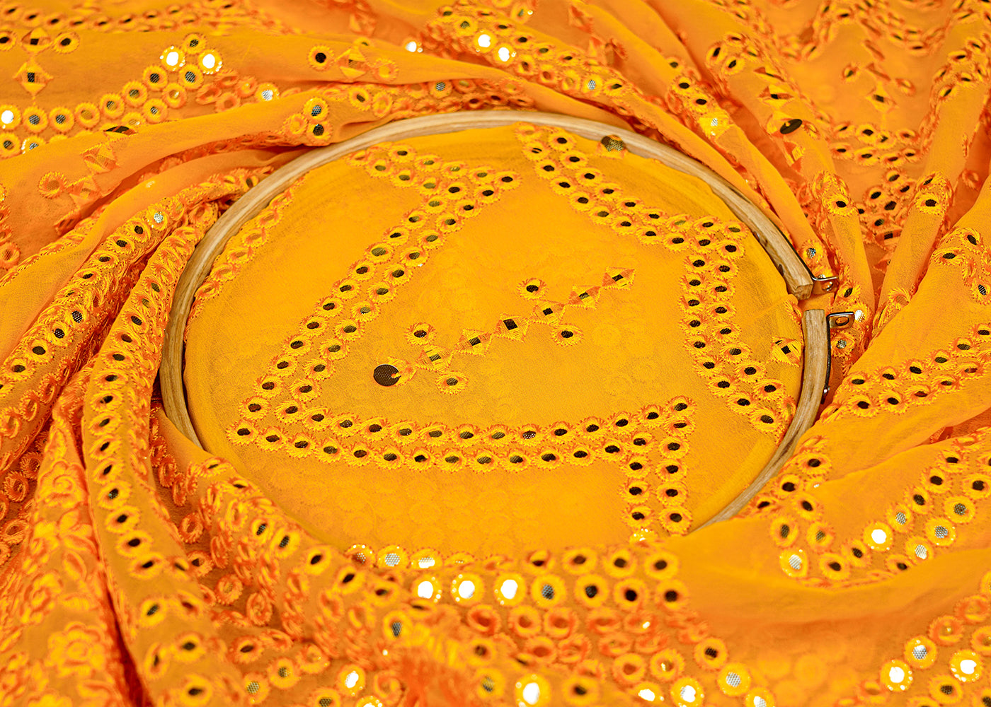 Mustard Georgette Fabric with Allover Faux Mirror and Thread Work with Border 13190