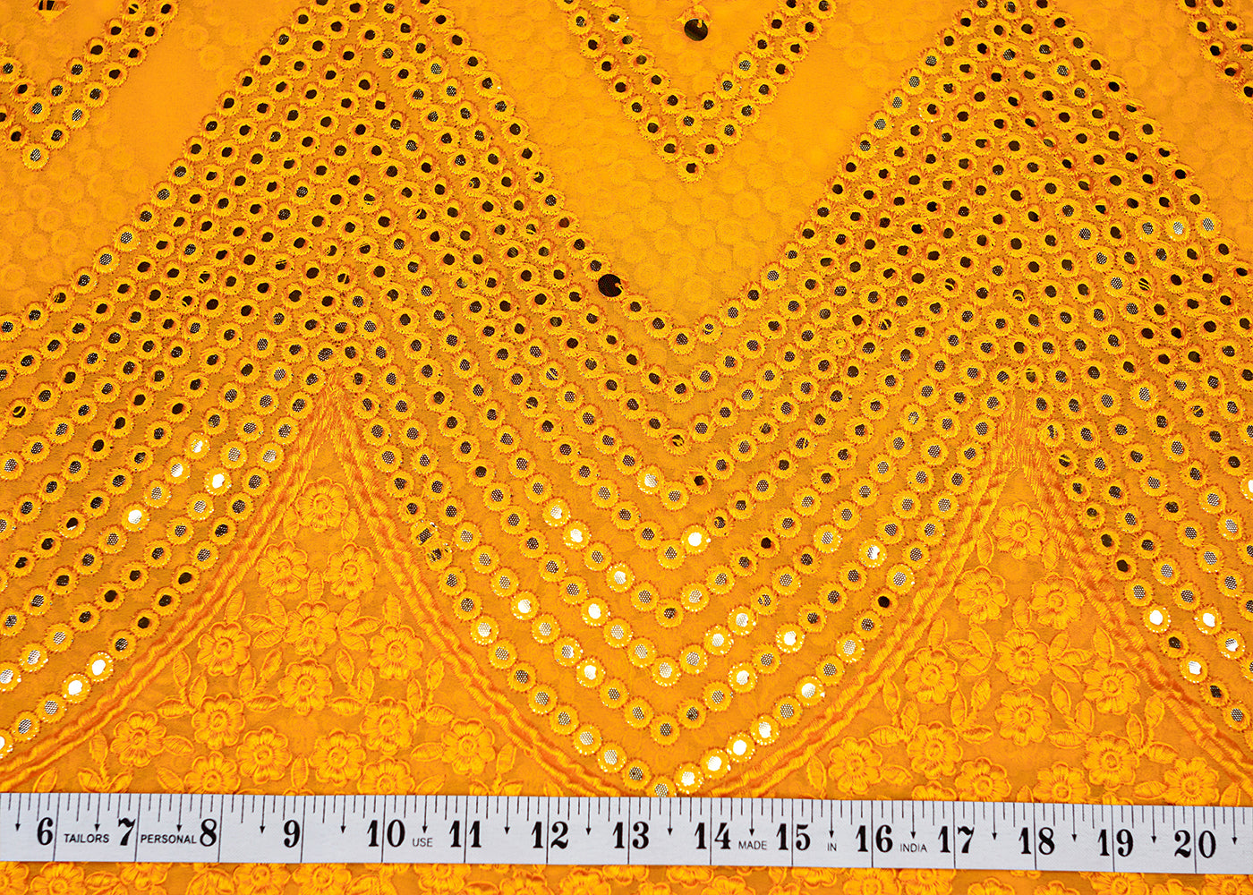 Mustard Georgette Fabric with Allover Faux Mirror and Thread Work with Border 13190