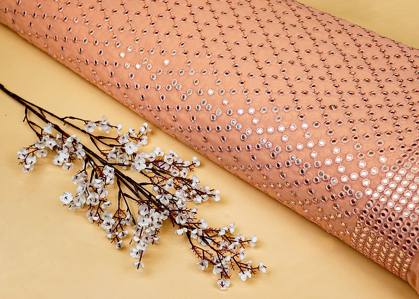 Peach Georgette Fabric with Allover Faux Mirror and Thread Work with Border 13193