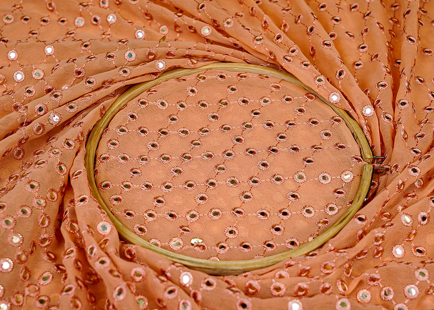 Peach Georgette Fabric with Allover Faux Mirror and Thread Work with Border 13193