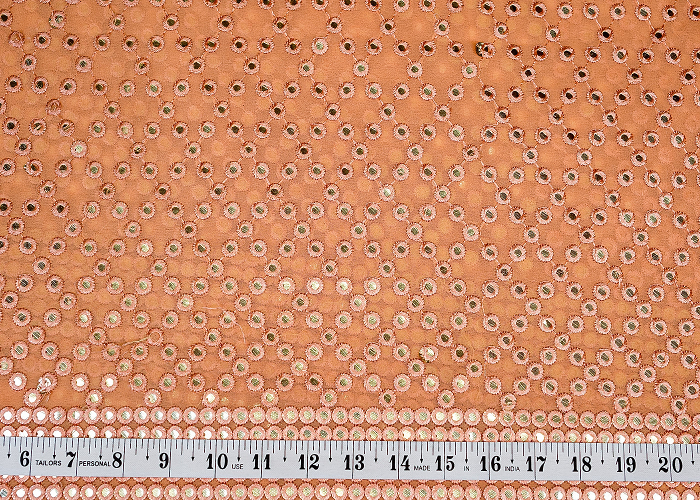 Peach Georgette Fabric with Allover Faux Mirror and Thread Work with Border 13193