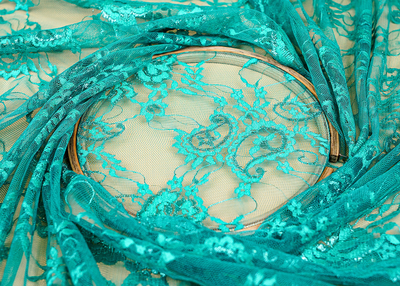 Rama Green Sandlin Lace Fabric with Allover Floral Pattern with Lurex Thread 13205