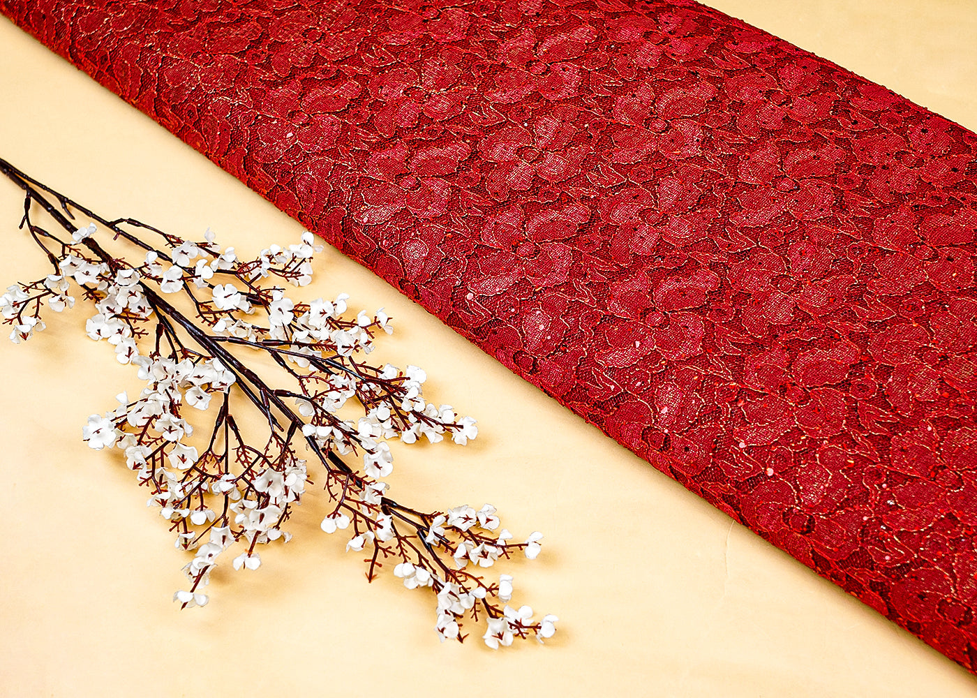 Red Sandlin Lace Fabric with Allover Floral Pattern with Red Thread and Sequins Work 13211