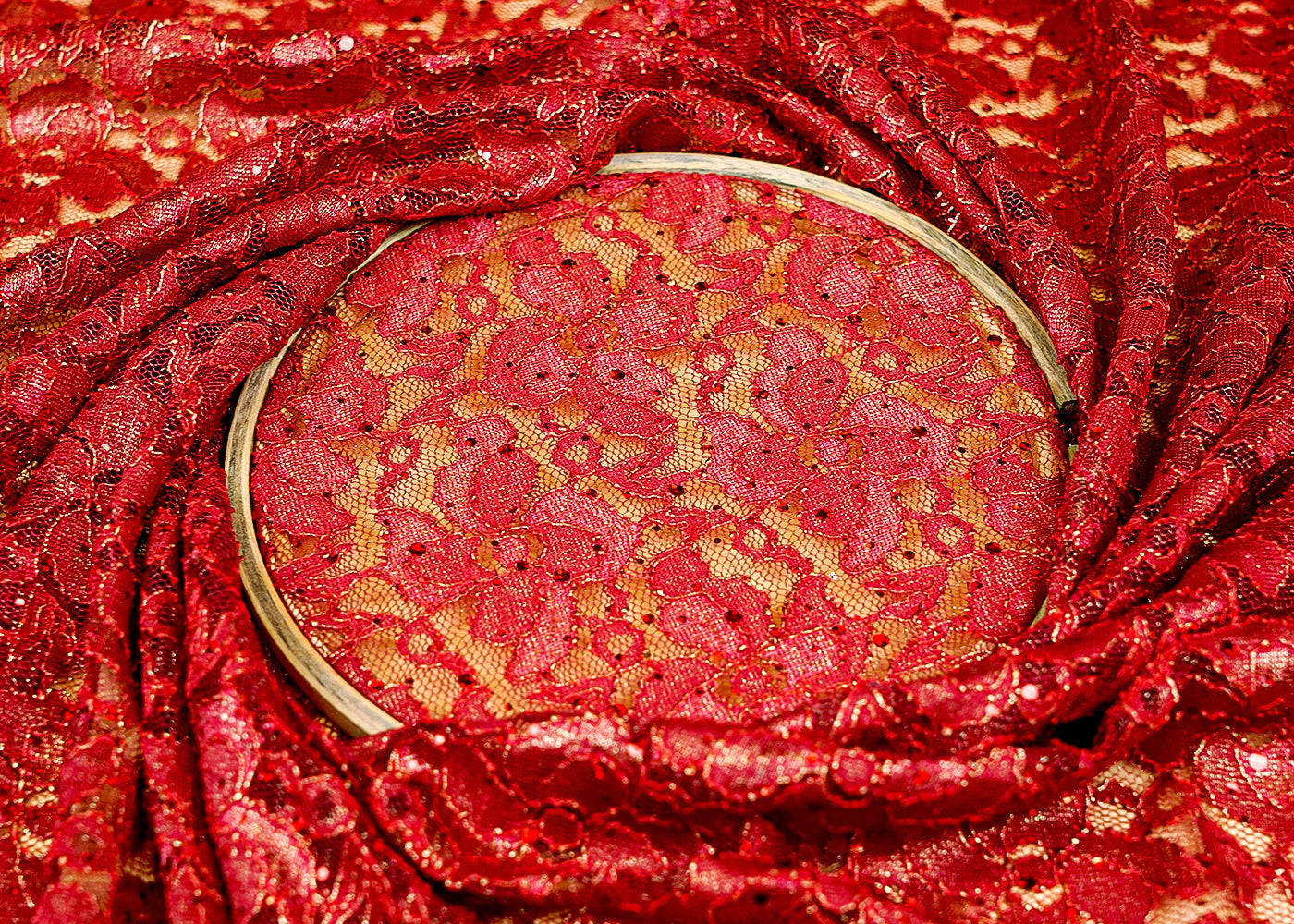 Red Sandlin Lace Fabric with Allover Floral Pattern with Red Thread and Sequins Work 13211