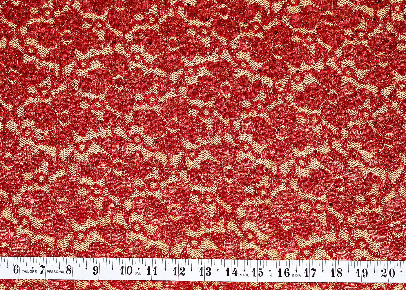 Red Sandlin Lace Fabric with Allover Floral Pattern with Red Thread and Sequins Work 13211