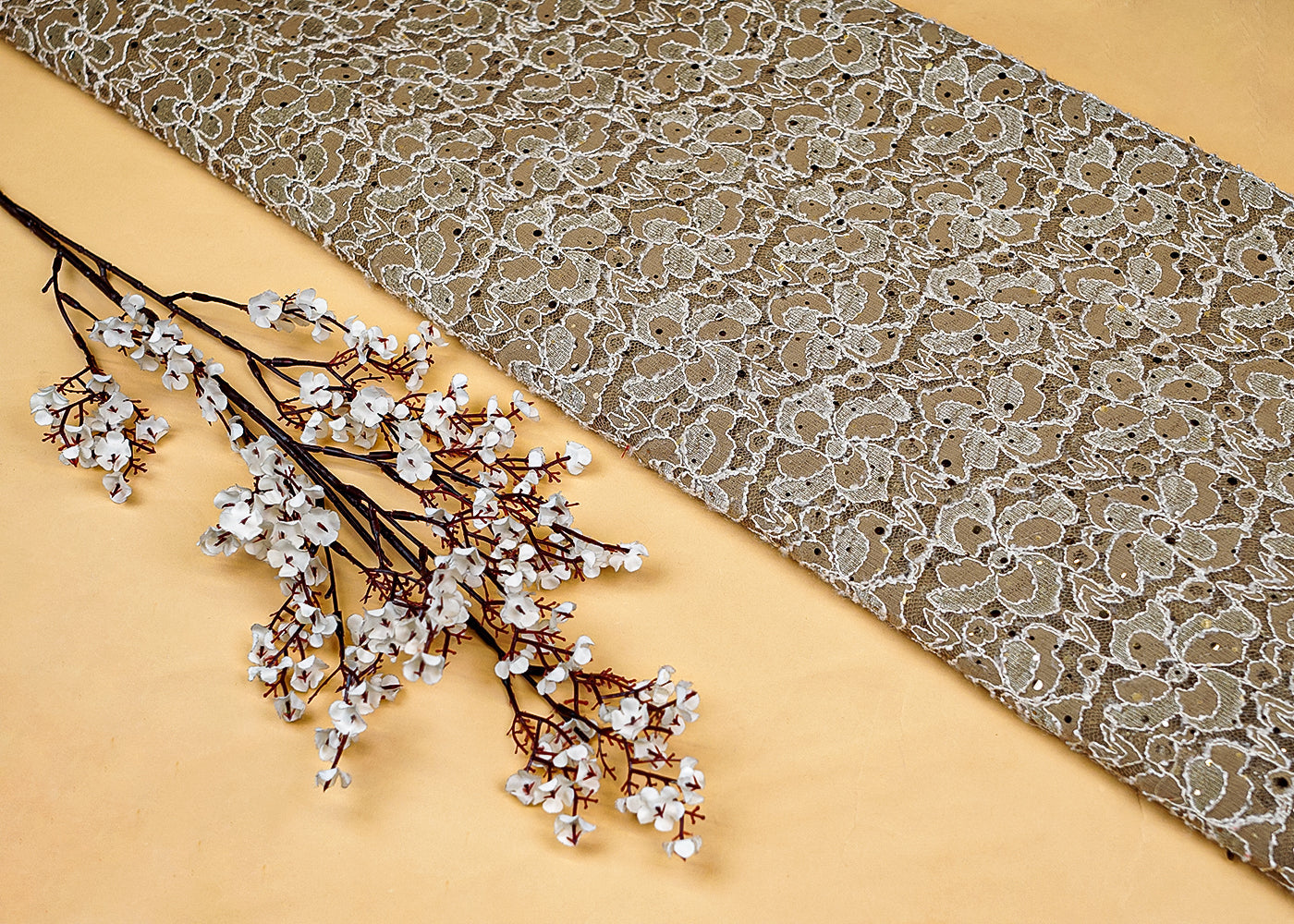 Grey Sandlin Lace Fabric with Allover Floral Pattern with White Thread and Sequins Work 13214