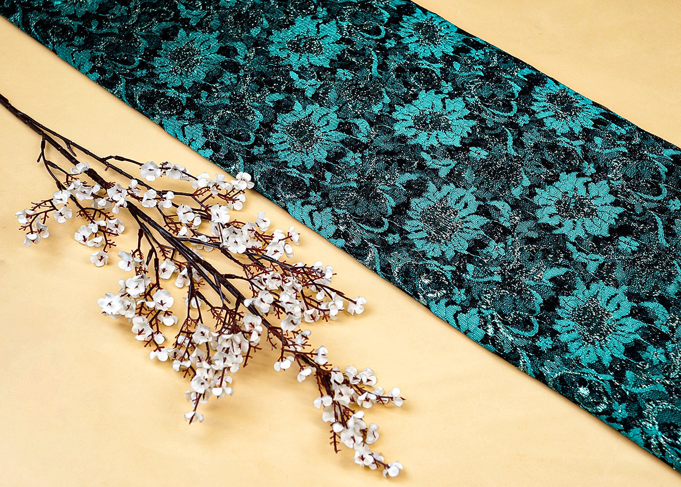 Teal Sandlin Lace Fabric with Allover Floral Pattern with Lurex Thread 13218