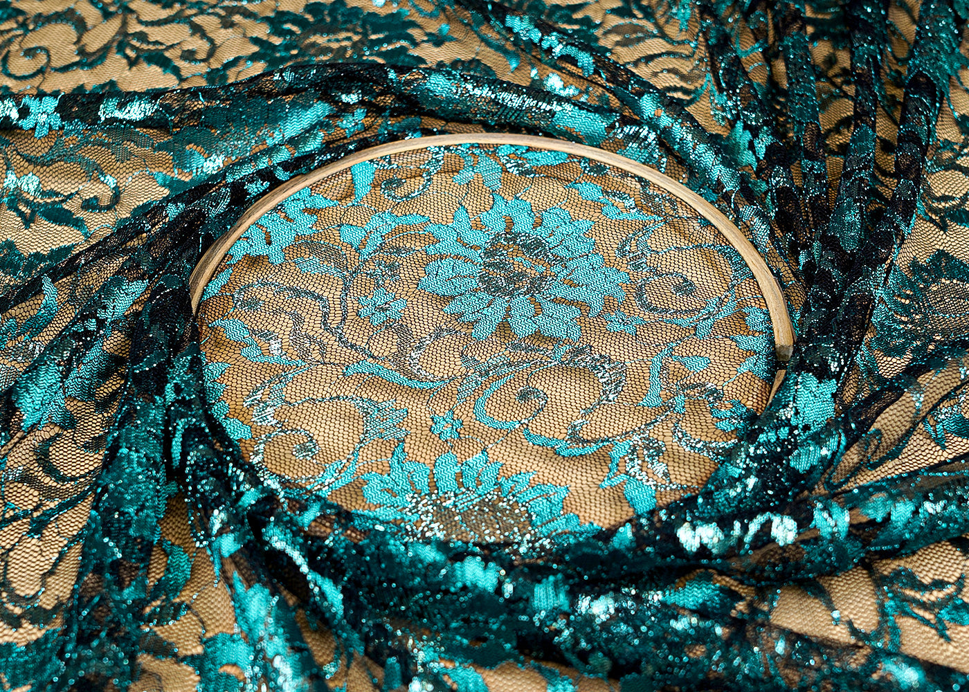 Teal Sandlin Lace Fabric with Allover Floral Pattern with Lurex Thread 13218