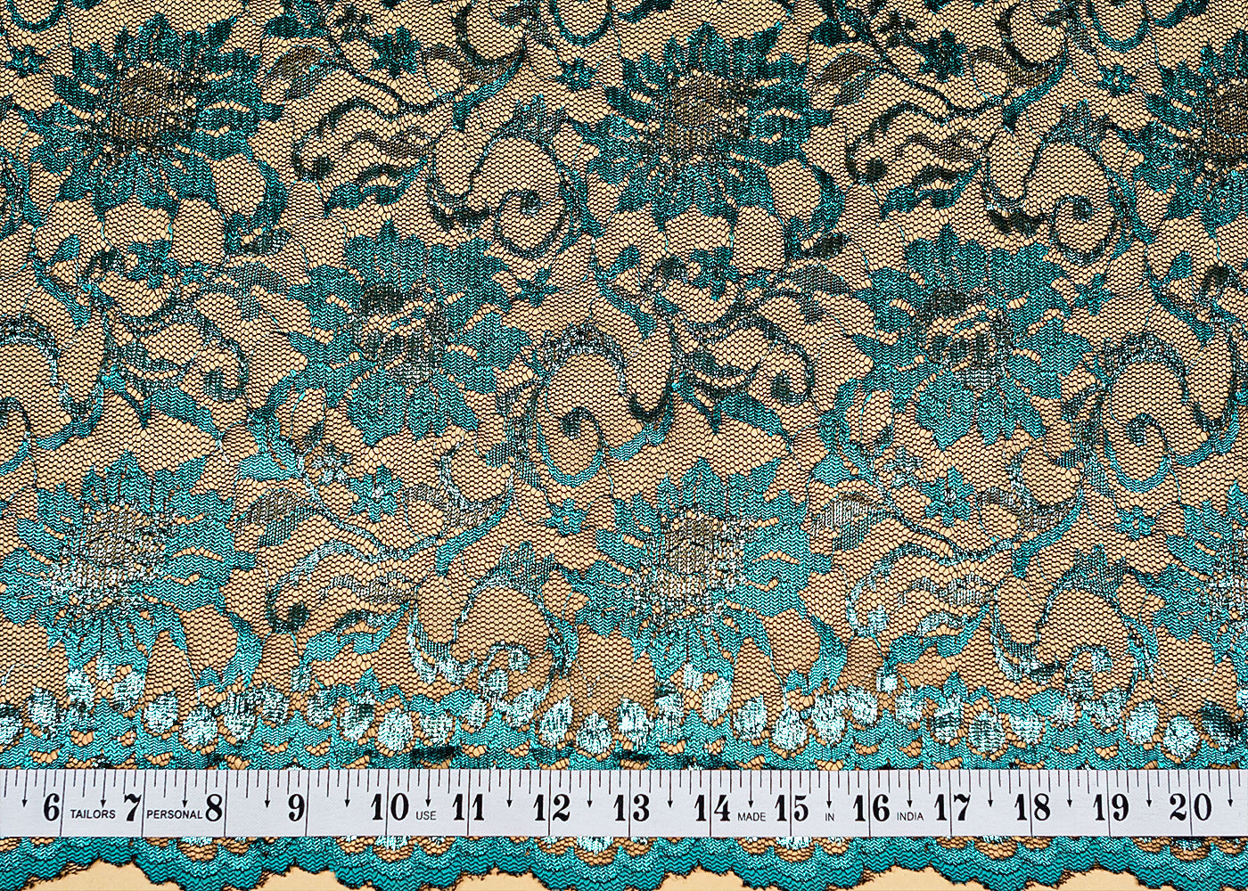 Teal Sandlin Lace Fabric with Allover Floral Pattern with Lurex Thread 13218